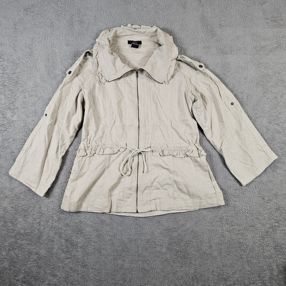 Luii Anthropologie XL Linen Blend Zip Front Ruffle Collar Utility Jacket Oatmeal